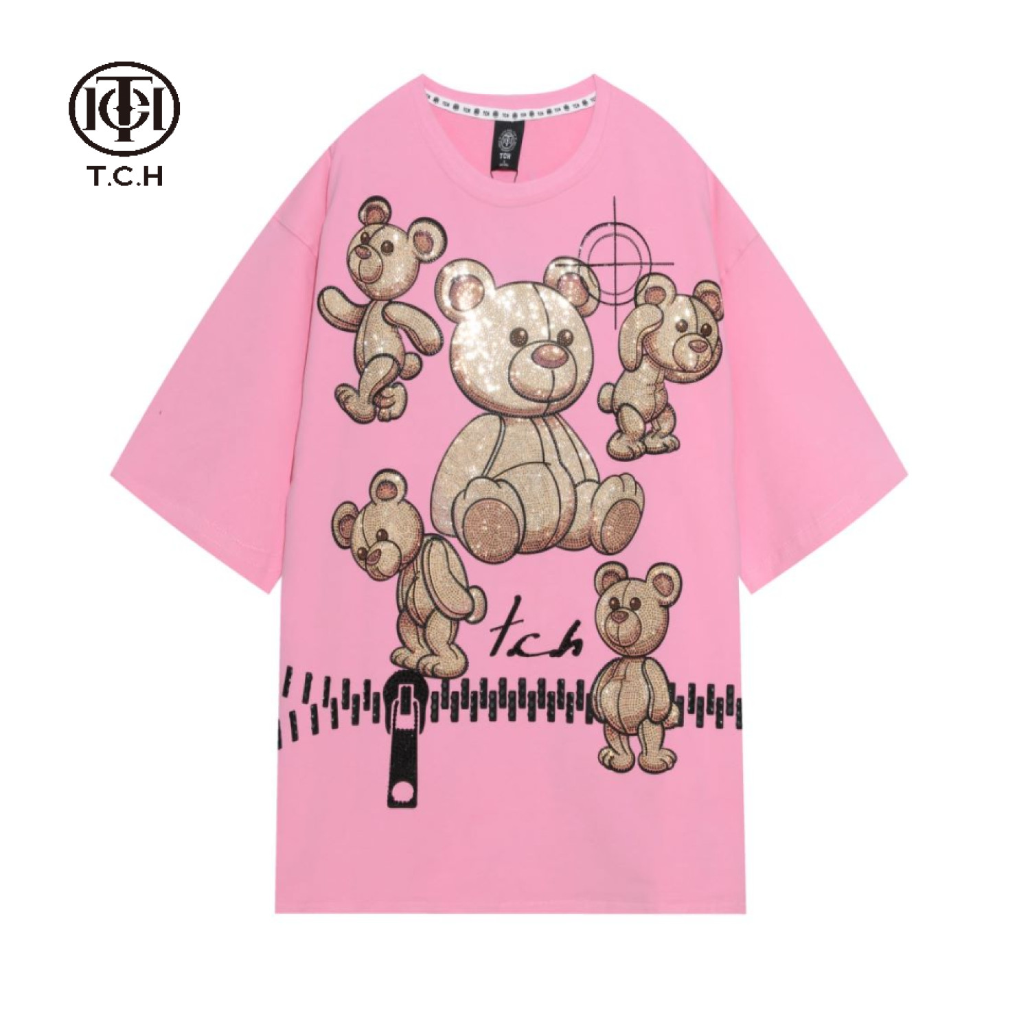 爆款-TECHNO CHILLOUT HOUSE潮牌小熊拉链烫钻短袖T恤T21310C6047